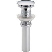 Cylindrical pop-up drain assembly with chrome push button cap and threaded metal collar for sink installation.