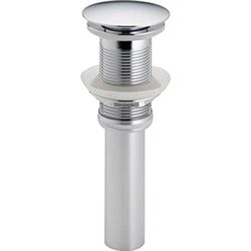 Cylindrical pop-up drain assembly with chrome push button cap and threaded metal collar for sink installation.