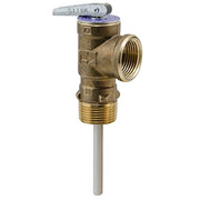 Brass temperature and pressure relief valve with 3/4 inch connections and gray lever handle.