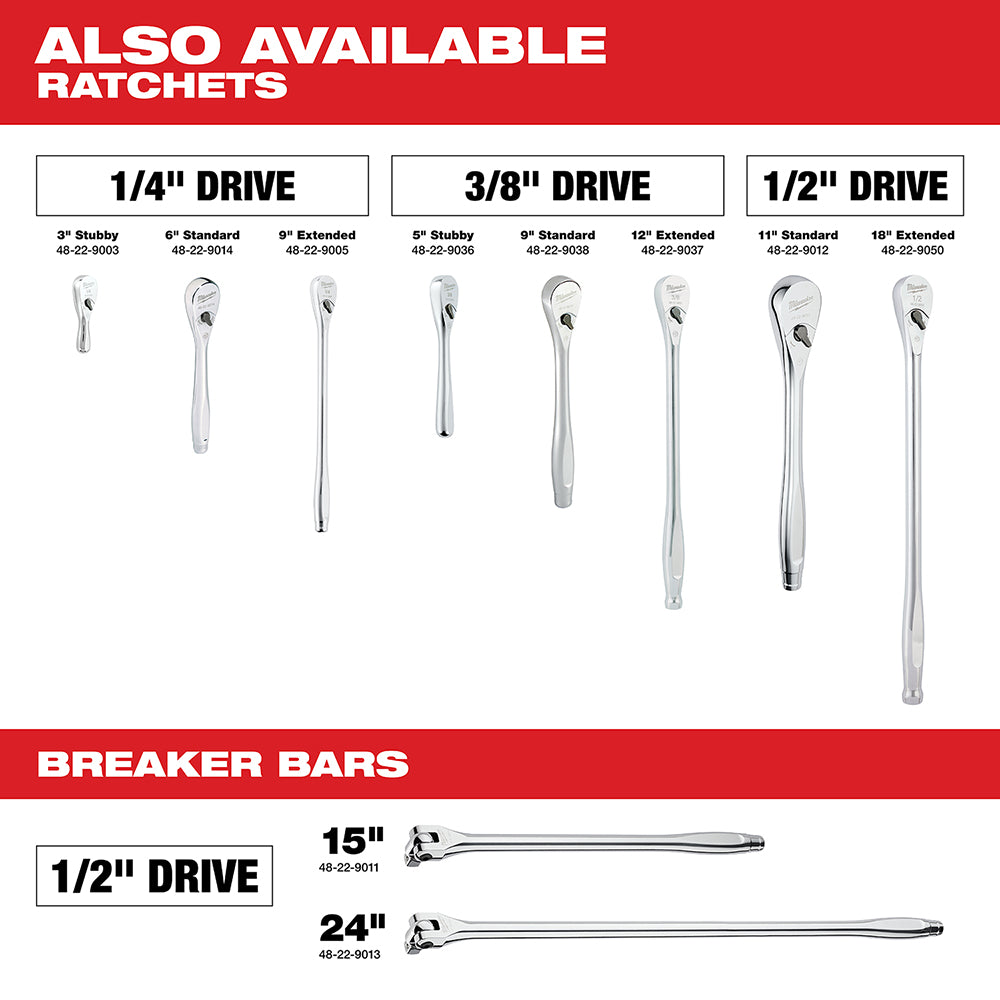 Milwaukee 1/2 in. drive breaker bar, 15 in. long, chrome finish with pivoting head.