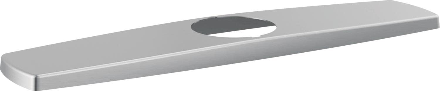 Arctic stainless steel kitchen escutcheon with oval cutout for faucet installation.