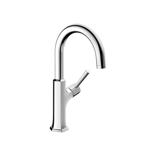 Chrome bar faucet with curved spout and single side lever handle.