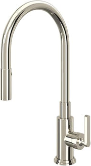 Polished nickel pull-down kitchen faucet with curved spout and single lever handle.