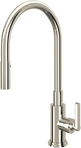Polished nickel pull-down kitchen faucet with curved spout and single lever handle.