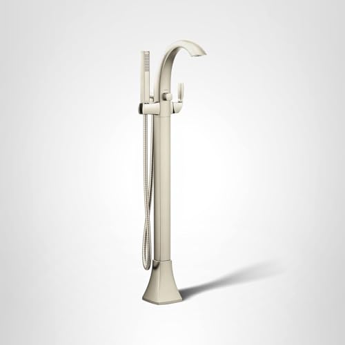 Brushed nickel freestanding bathtub faucet with curved spout, single handle, and detachable handheld shower.