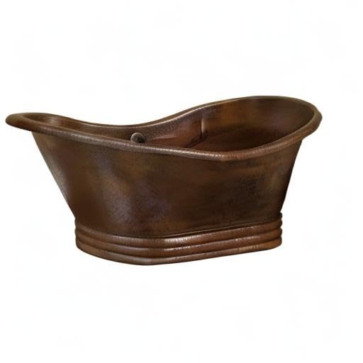 Hammered copper freestanding bathtub with curved sides and rolled rim edge in bronze finish.