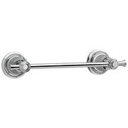 Chrome towel bar with circular wall-mounted rosettes on each end and a cylindrical horizontal rod.