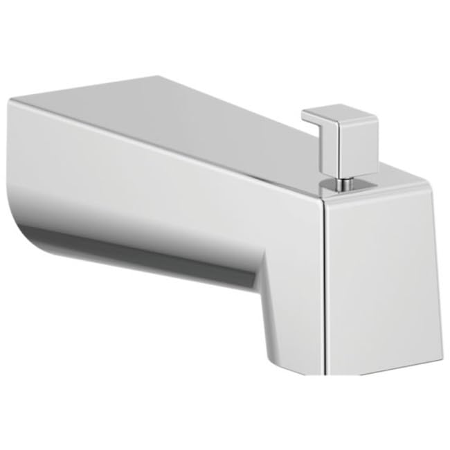 Chrome tub spout with pull-up diverter and square modern design.