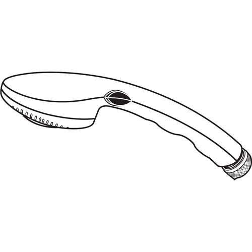 Chrome hand shower head with curved handle and textured grip, shown in side view.