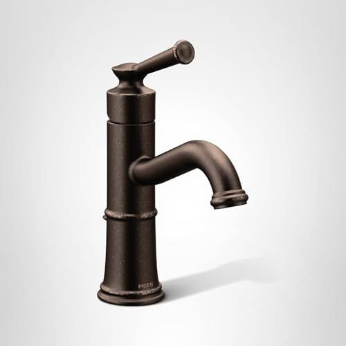 Oil rubbed bronze single-handle bathroom sink faucet with curved spout and decorative band detailing.
