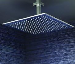 Polished nickel square rainfall showerhead with grid pattern jets mounted on ceiling arm.