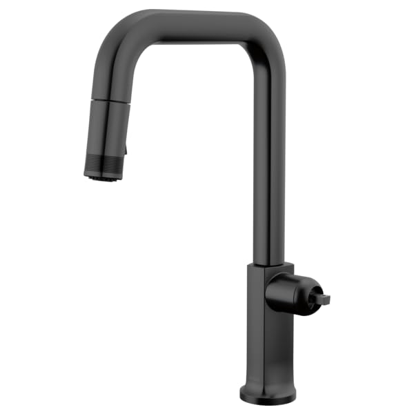 Matte black pull-down kitchen faucet with square spout and single side handle.