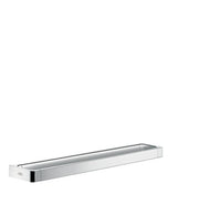 Chrome towel bar with rectangular rail and white end brackets mounted horizontally.