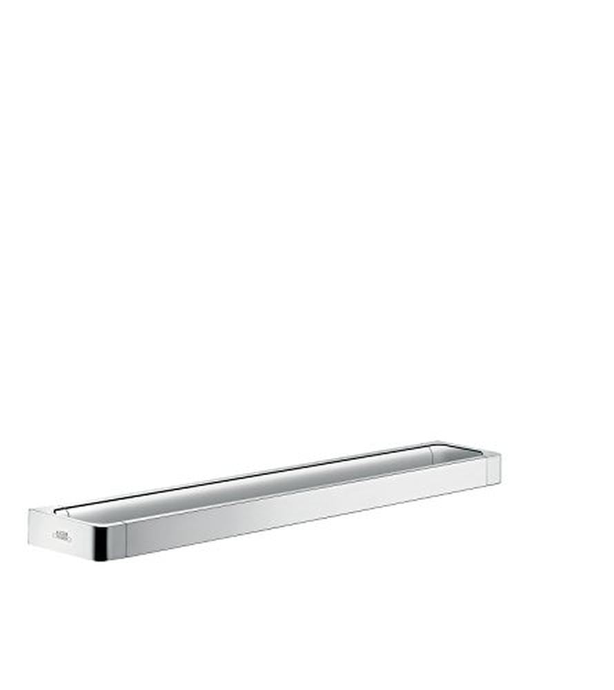 Chrome towel bar with rectangular rail and white end brackets mounted horizontally.