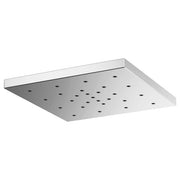 Square chrome rainfall showerhead with multiple small water outlet holes across the surface.