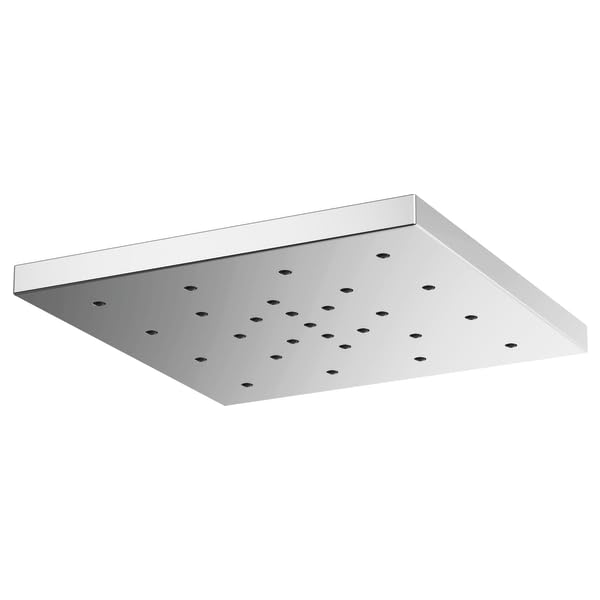 Square chrome rainfall showerhead with multiple small water outlet holes across the surface.