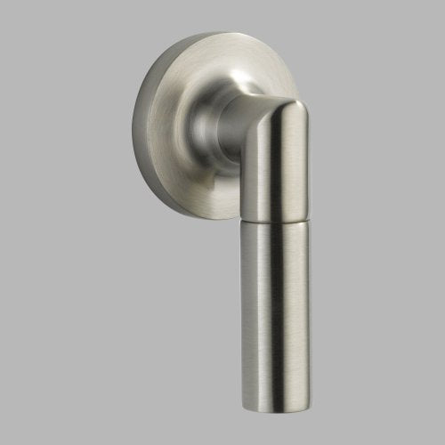 Brushed nickel lever handle with circular mounting plate and cylindrical stem angled downward.
