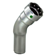 Silver metal 45-degree elbow fitting with press connection ends and green indicator dot.
