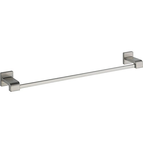 Brushed nickel towel bar with square mounting brackets on each end, 24 inches long.