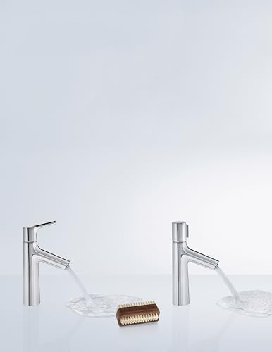 Chrome single-hole bathroom faucet with tall spout and lever handle, shown in two angles with water running.