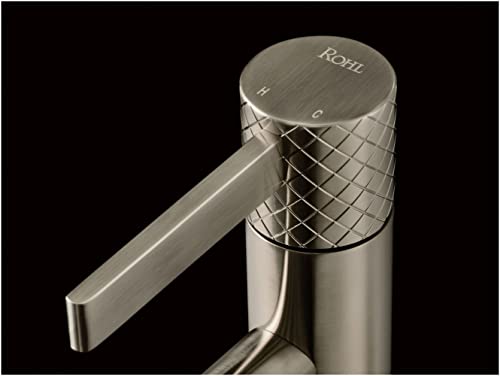 Satin nickel single-handle tall faucet with cylindrical knurled handle and rectangular spout against black background.
