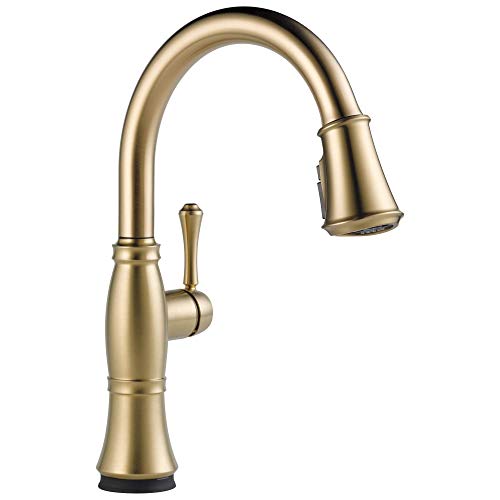 Champagne bronze single-handle kitchen faucet with curved spout and pull-down spray head.