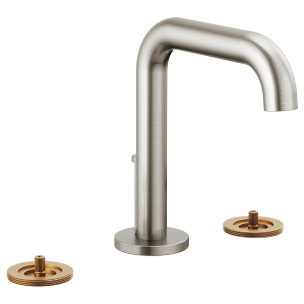 Brushed nickel widespread lavatory faucet with high spout and two brass-finished handle bases.