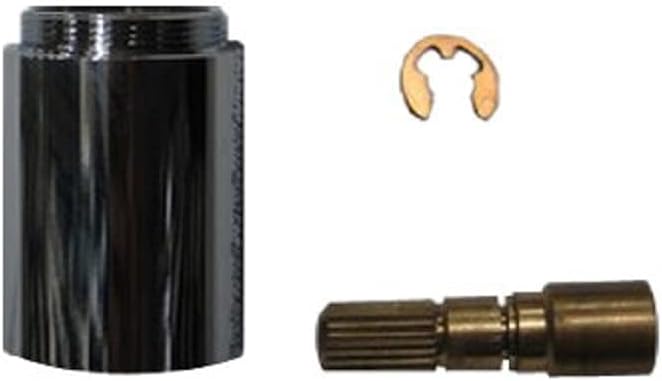 Black cylindrical extension tube with threaded connections, brass clip, and splined brass connector piece.