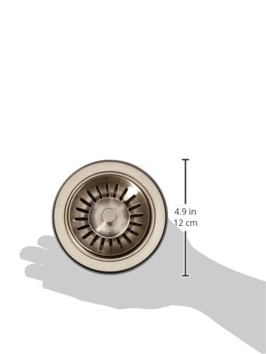Satin nickel basket strainer with radial slot pattern and center post, shown at 4.9 inches in diameter.