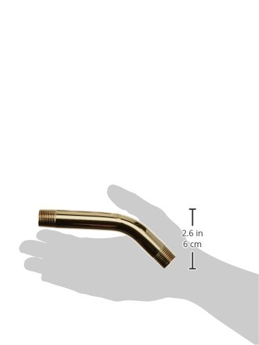 Polished brass curved shower arm with threaded connection, 2.6 inches long.