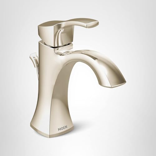 Polished nickel single-handle bathroom sink faucet with curved spout and angular body design.