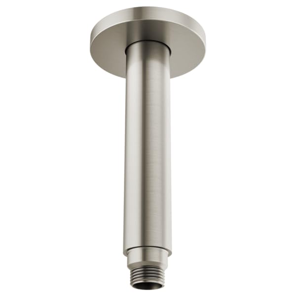 Brushed nickel ceiling-mounted shower arm with round flange and threaded connection port.