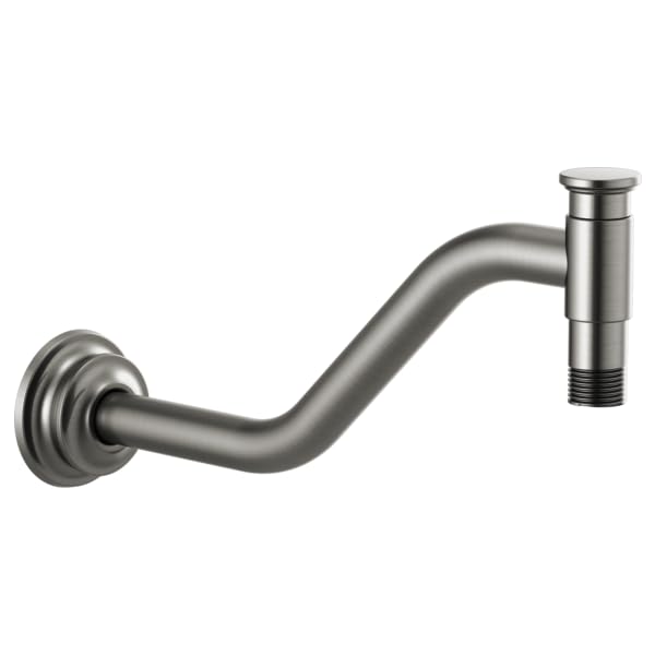 Luxe steel shower arm with angled bend, wall flange on left end, and threaded connector on right end.