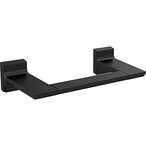 Black metal towel bar with two square mounting brackets on ends, approximately 8 inches wide.