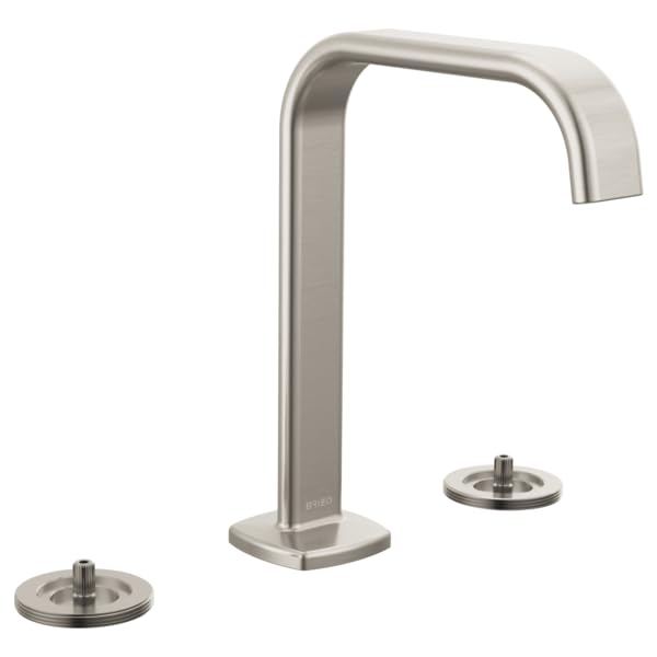 Brushed nickel widespread lavatory faucet with tall square spout and two circular base mounts, handles not included.