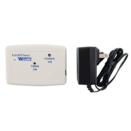Cream-colored Watts IntelliTimer controller unit with power and timer buttons, displayed with black AC adapter and cord.