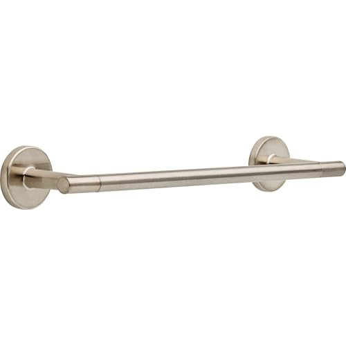 Brushed nickel towel bar with round wall-mounted brackets on each end.
