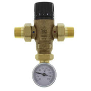 Brass 3-way mixing valve with black dial adjustment knob on top and temperature gauge on bottom showing scale from 30 to 210 