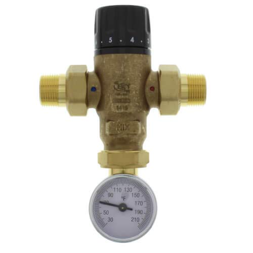 Brass 3-way mixing valve with black dial adjustment knob on top and temperature gauge on bottom showing scale from 30 to 210 