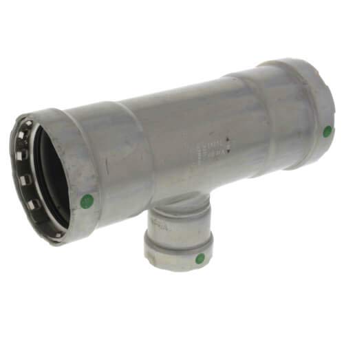 Viega MegaPress press tee fitting in carbon steel with zinc-nickel coating and green indicator dots.