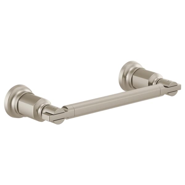 Brushed nickel towel bar with cylindrical wall mounts at each end and horizontal rod.