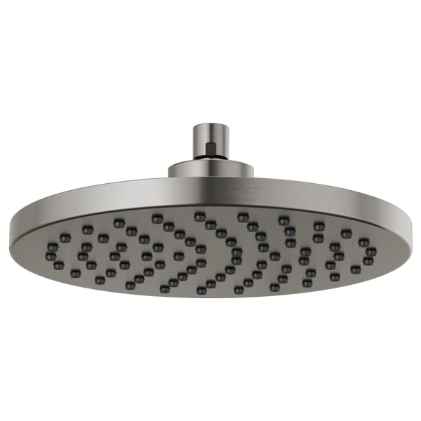 Brushed nickel round raincan shower head with multiple spray jets and ceiling mount arm.