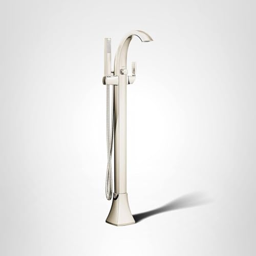 Polished nickel freestanding tub filler with curved spout, single handle, and attached handshower hose.