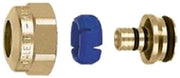 Brass PEX fitting components including nut, blue insert, and connector pieces for 3/4" tubing.