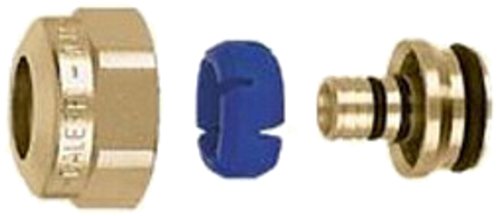 Brass PEX fitting components including nut, blue insert, and connector pieces for 3/4" tubing.