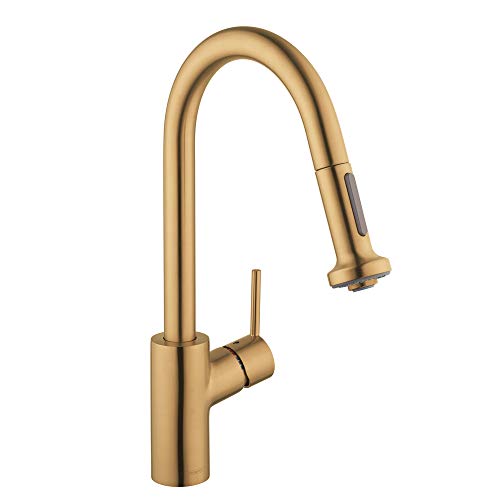 Brushed gold kitchen faucet with high arc spout and pull-down spray head.