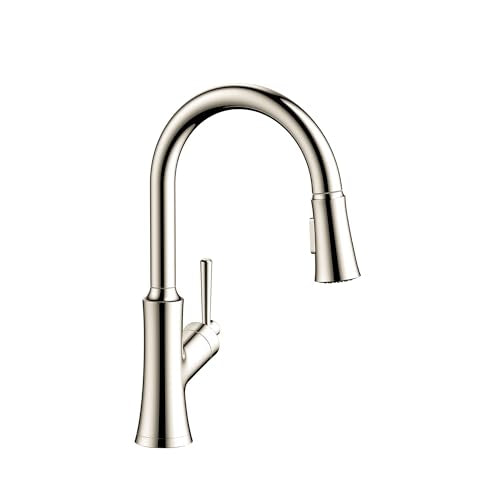Polished nickel kitchen faucet with high curved spout and pull-down spray head with single lever handle.