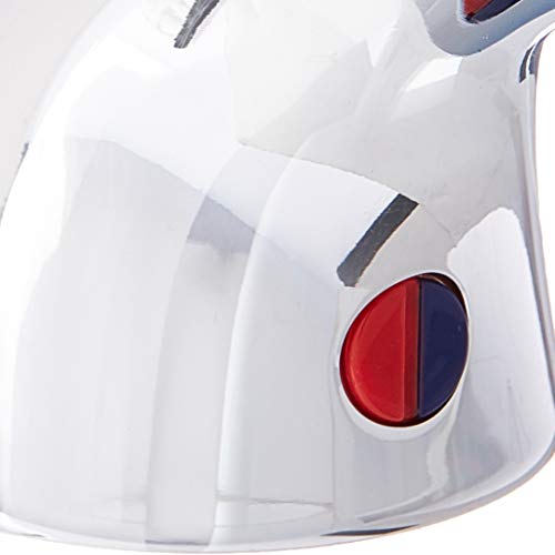 Chrome metal lever handle kit with red and blue indicator buttons on white background.