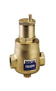 Brass cylindrical air separator with NPT ports and small vent valve on top.