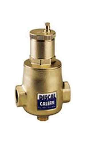Brass cylindrical air separator with NPT ports and small vent valve on top.